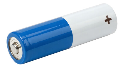 Blue and white cylindrical battery with plus symbol cut out on PNG, isolated transparent background. AI generated.
