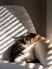 Sleeping cat resting on white sofa with striped sunlight shadows. AI-generated.