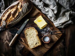 Toasted bread with butter, knife and sea salt on rustic wooden board. AI-generated.