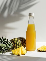 Pineapple juice bottle with fresh pineapple slices on white background. AI-generated.