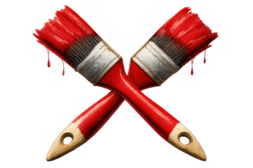Red paint brushes crossing, bristles covered in red paint and drops dripping. Concept of painting, renovation, and craft