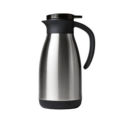 PNG of Stylish stainless steel thermal jug with a black handle, perfect for keeping beverages hot.