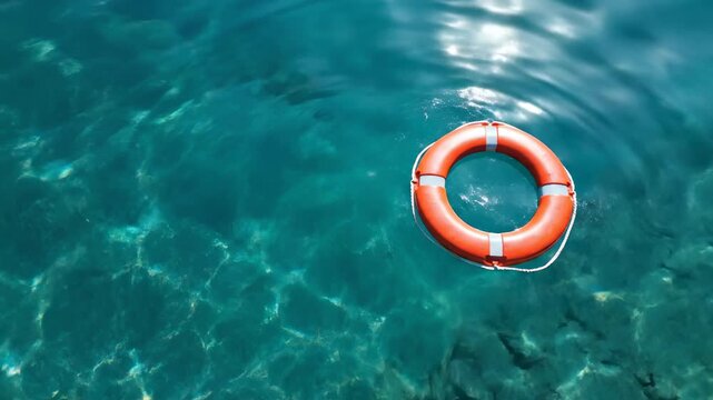 Orange life buoy floating on clear blue water surface. Safety and rescue concept at sea or ocean. Protection and drowning prevention.