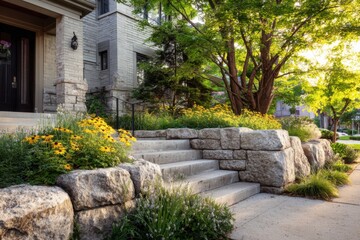 A charming pathway of stones meanders towards a cozy house, flanked by vibrant plants and blooming flowers, all bathed in the warm glow of late afternoon sunlight.