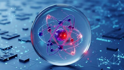 Abstract 3D Atomic Structure and Molecular Network with Glowing Nucleus on Blue Background for Science and Technology