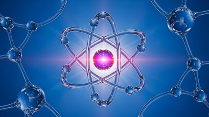 Abstract 3D Atomic Structure and Molecular Network with Glowing Nucleus on Blue Background for Science and Technology
