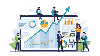 Business analytics and data visualization concept with people interacting with charts and graphs on a digital screen