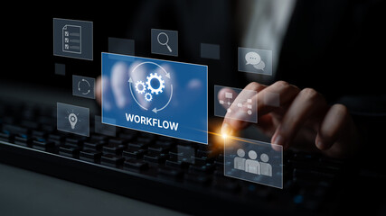 Workflow optimization concept featuring interconnected gears, task management, collaboration,...