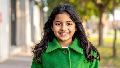Portrait little smiling girl green coat trees building background child happiness nature generative AI