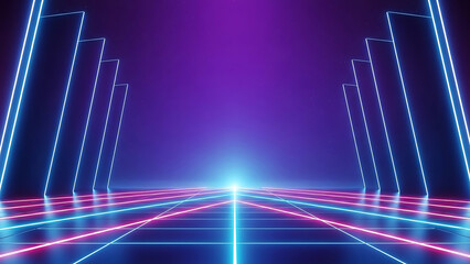 Futuristic neon laser grid with glowing pillars on a dark digital background