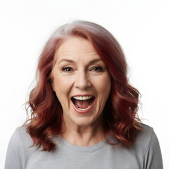 Portrait elder woman red and grey hair sweater screaming angry furious emotion expression white background stress drama generative AI