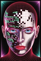 Futuristic Art Deco Cybernetic Face with Glitch Data Stream and Neon Wireframe Geometry