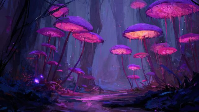 Glowing Purple and Pink Mushrooms in a Dark Fantasy Forest, A dark fantasy forest features glowing purple and pink mushrooms, casting an ethereal light in the shadowy surroundings
