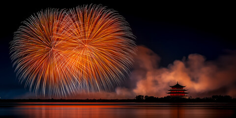 Fireworks flowers over an ancient pagoda, a nighttime Chinese New Year fireworks display over an old city and a calm river, copy space for wishes
