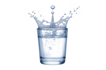 Glass of clear refreshing water with a big splash and droplets, symbolizing purity, hydration, and health on a transparent background