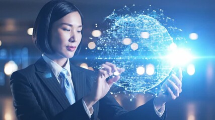 Woman interacting with digital network globe on smartphone - Powered by Adobe