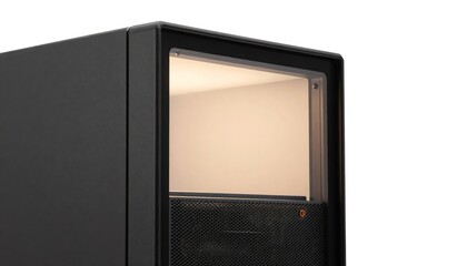 Sleek modern black cube-shaped device with a brightly illuminated, empty display window against a clean white background, emphasizing sophisticated and minimalist design