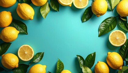 A vibrant turquoise background frames whole & sliced lemons with green foliage