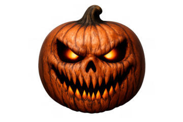 Evil halloween jack-o'-lantern creating a spooky autumn atmosphere with glowing eyes and carved toothy grin