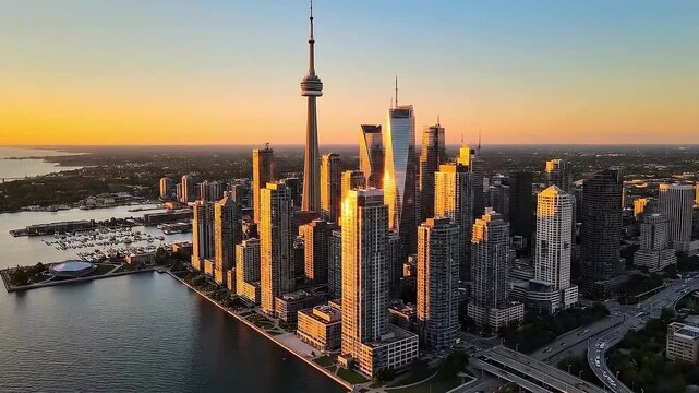 Stunning aerial drone footage of downtown Toronto skyline during golden hour sunset in Ontario