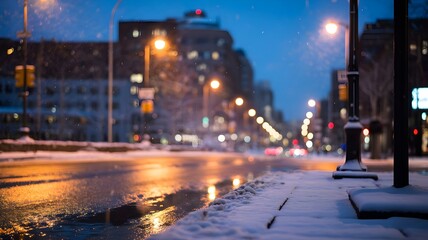 Fototapeta premium Snowy city street at night with blurred lights and buildings