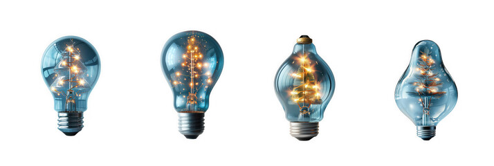 Four glowing vintage edison light bulbs in various shapes and sizes isolated on transparent background