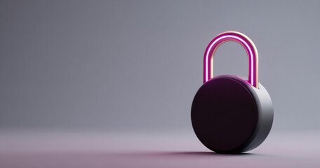 A lock with a glowing pink and purple neon outline on the top of it, sitting in front of a grey background