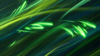 Vibrant green light trails on dark background create dynamic energy