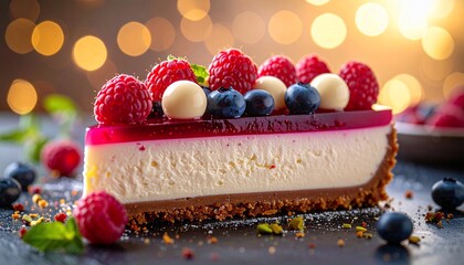 Slice of cheesecake, topped with berries and white chocolate, against bokeh