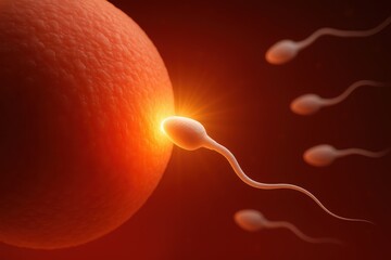 The Beginning of Life: Capturing the moment of conception, the image shows a microscopic view of an egg cell and several sperm cells swimming towards it.