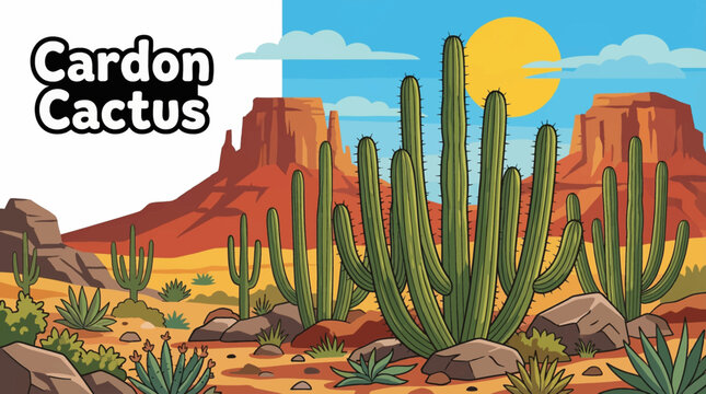 The massive cardon cactus dominates the Baja desert landscape, emphasizing scale, longevity, and structural adaptation to extreme arid climates