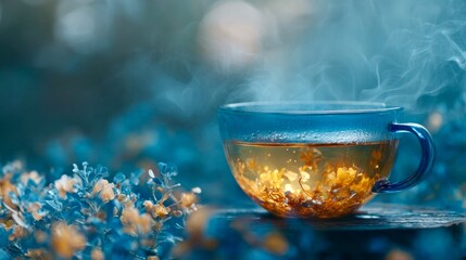 Fototapeta premium Warm herbal tea in a blue glass cup surrounded by colorful flowers on a wooden surface in a tranquil garden setting with steam rising