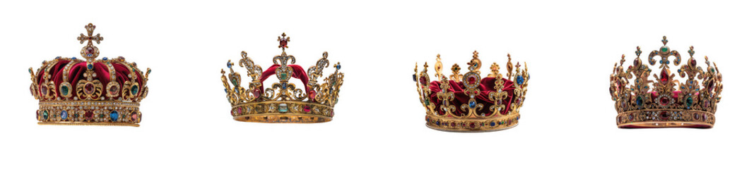 Fototapeta premium Four ornate royal crowns with precious gems and detailed goldwork displayed beautifully on transparent background