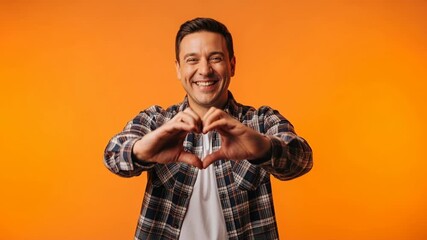 Cheerful man expressing love and greeting with heart gesture and wave against orange background
