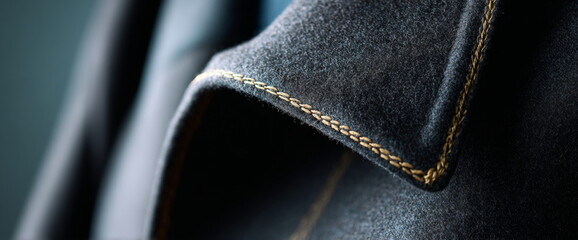 Close-up of dark fabric with detailed golden stitching highlighting texture and craftsmanship in a soft focused composition