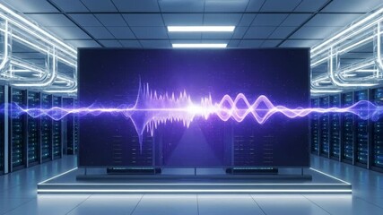 Big data visualization with glowing digital waveform on large screens within futuristic server room environment. Advanced computing systems process complex big data, - Powered by Adobe