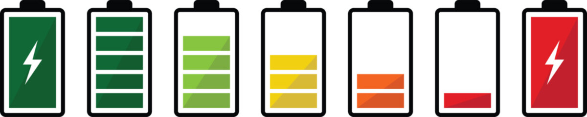 Battery charge level indicator icon set for mobile UI and web design, Vector battery status icons showing power capacity from low to full charge | Digital battery power meter icons with lightning bolt