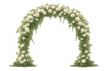 Wedding floral arch with white flowers and lush greenery, decorating an outdoor ceremony pathway on transparent background