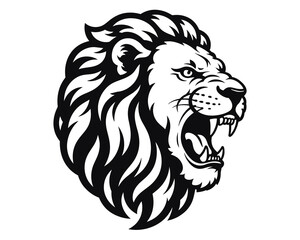 Black and white roaring lion head with sharp teeth and flowing mane growling angry © Elite Graphics