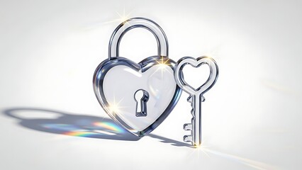 Shiny heartshaped lock and key on white background