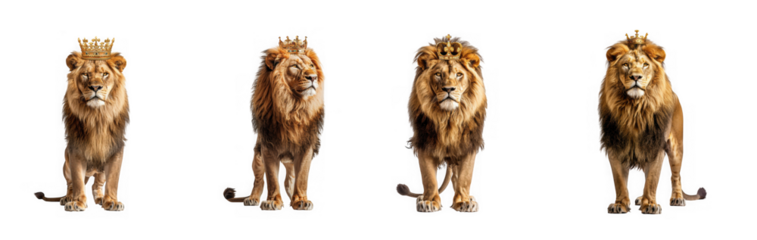 Four majestic lion head portraits depicting different poses and manes ideal for design projects on transparent background