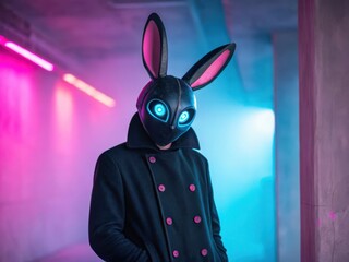 Cybernetic bunny mask with neon glowing eyes stands out against a vibrant pink and blue background