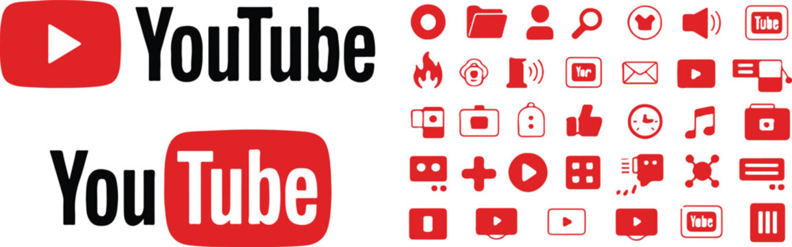 youtube logo evolution and icon grid media interface set