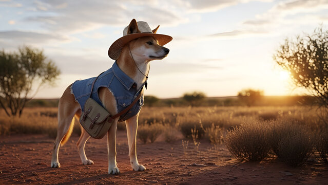 An adventurous dingo in denim and a straw hat surveys the Australian outback at golden hour, ideal for travel blogs, children's books, unique marketing campaigns, and holiday promotions.