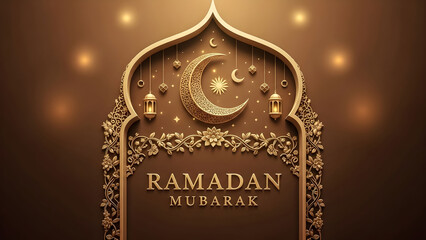 Ornate golden ramadan mubarak greeting featuring a crescent moon and intricate floral arch design ideal for religious celebration backgrounds