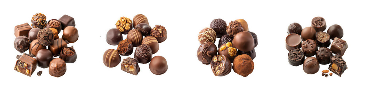 Assorted chocolate truffles in various shapes and textures beautifully arranged ideal for designs on transparent background