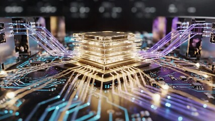 Dynamic digital data streams illuminating a futuristic circuit board showcasing advanced computing power and artificial intelligence processing information at incredible speeds within a complex netwo. - Powered by Adobe