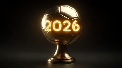 golden soccer ball with a glowing neon number "2026" on a dark background