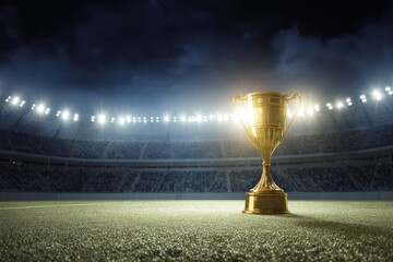 golden trophy stands on the football field in front of an empty stadium at night