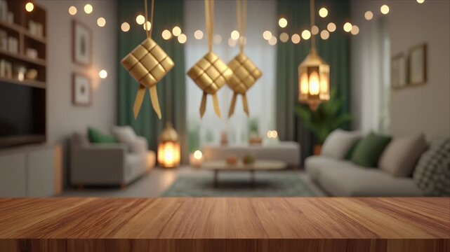 Elegant wooden table surface with a blurred festive home interior featuring Eid lanterns and glowing string lights